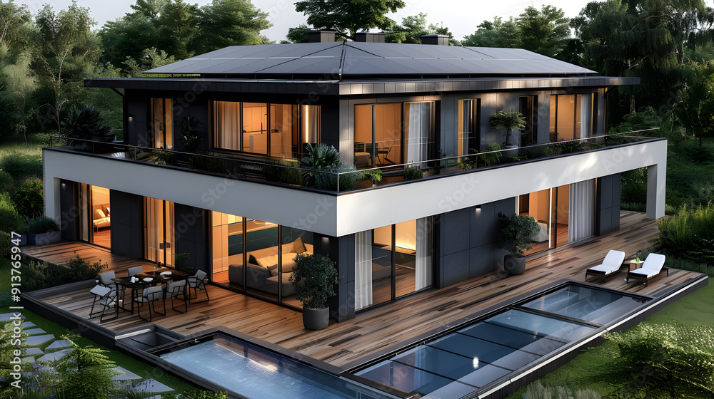 Modern Luxury Home with Pool and Deck - 3D Illustration Modern Luxury Home with Pool and Deck - 3D Illustration