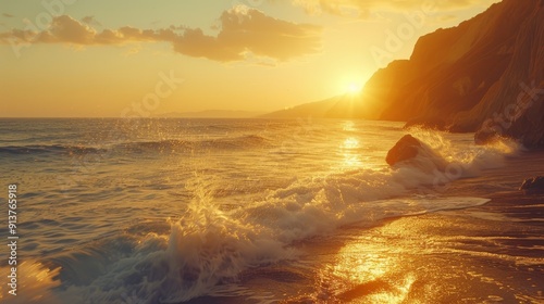  The sun sets over the ocean, waves crash before a rocky cliff, a body of water lies in the foreground