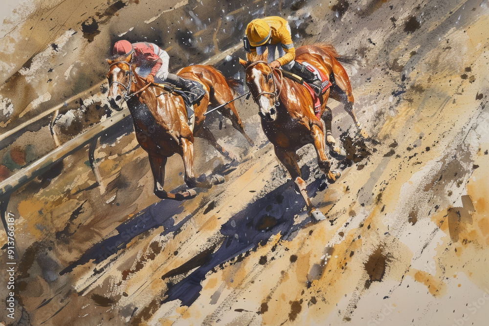 Fototapeta premium Dynamic Racehorse Breakaway - Equestrian Speed and Determination Painting for Sports Enthusiasts