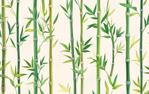 Green bamboo shoots and leaves dance on a white canvas, forming an elegant seamless pattern.