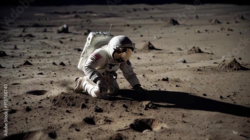 astronaut collecting soil sample on the moon surface photo