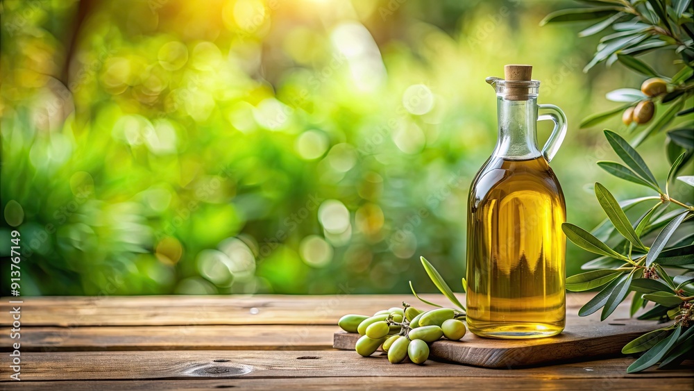 Olive oil bottle on a wooden table in a garden. Selective focus, olive oil, table, garden, outdoor, wooden, bottle