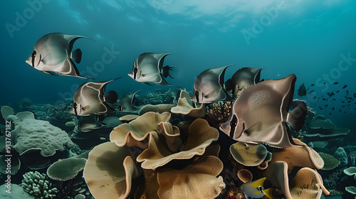 A school of batfish swimming gracefully above a vibrant coral bommie in crystal clear water. photo