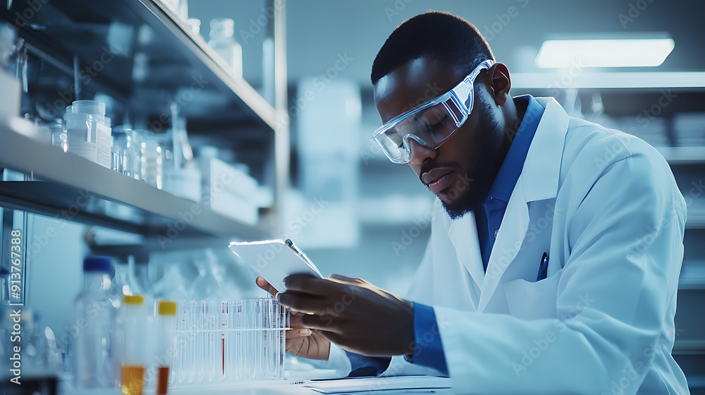 A scientist conducting an experiment in a laboratory, carefully observing the results and taking detailed notes A scientist conducting an experiment in a laboratory, carefully observing the results and taking detailed notes