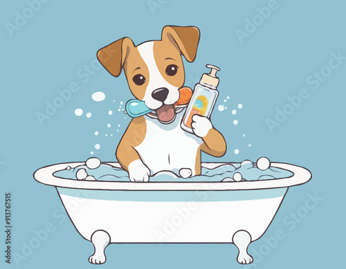 A cute dog sucking a pacifier takes a bath in the bathtub and holds shampoo or body wash