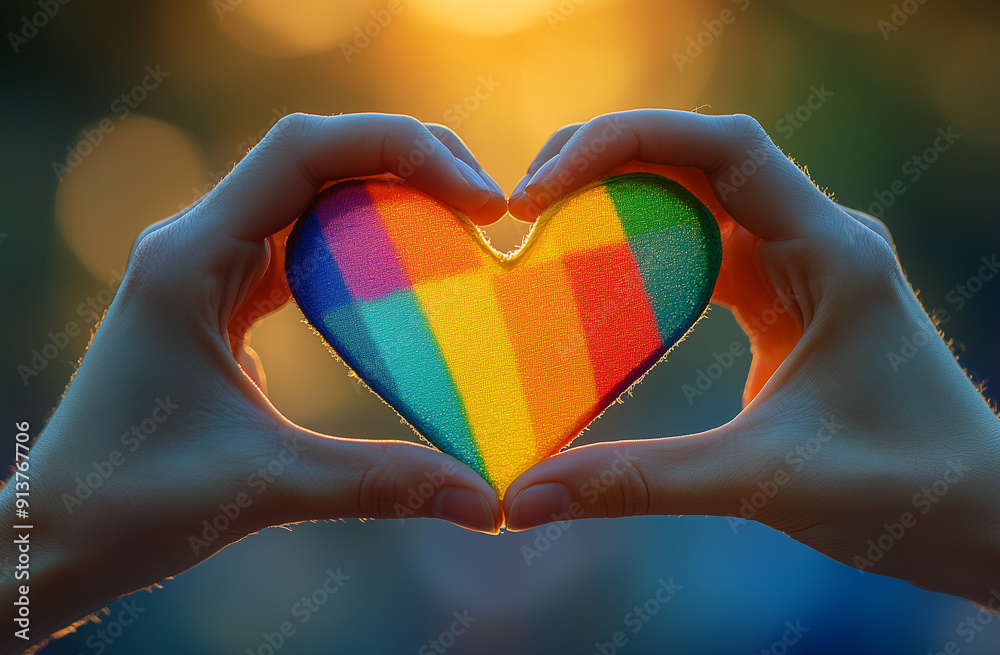 A hand holding a heart made of rainbow colors. The heart is made of a colorful material and is being held in a loving embrace A hand holding a heart made of rainbow colors. The heart is made of a colorful material and is being held in a loving embrace