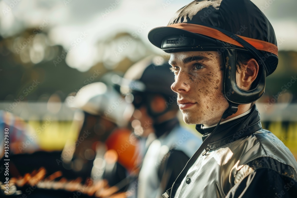 Jockey's Focused Expression Before Race Day Competition at Racetrack - Horse Racing Preparation Jockey's Focused Expression Before Race Day Competition at Racetrack - Horse Racing Preparation