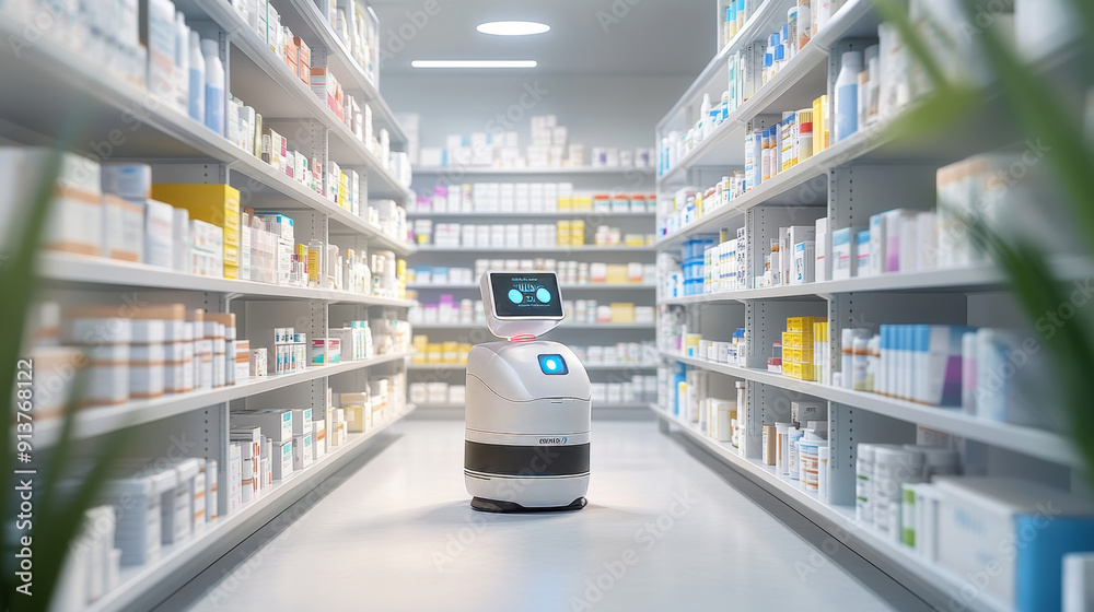 custom made wallpaper toronto digitalA small pharmacy section with a robot moving in between tall shelves filled with medicine boxes. The robot helps to find and take out the right medicines quickly and without mistakes.