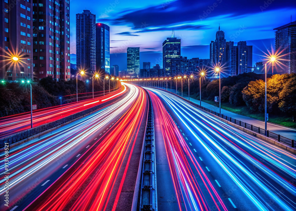 Obraz premium Vibrant red and blue light trails streak across a dark city road, capturing the dynamic motion of speeding cars on a busy highway at night.