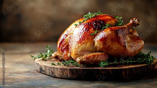 Wallpaper Mural A golden brown roasted turkey is glazed with sweet maple syrup, garnished with fresh herbs, and presented on a rustic wooden board, creating an appetizing display Torontodigital.ca