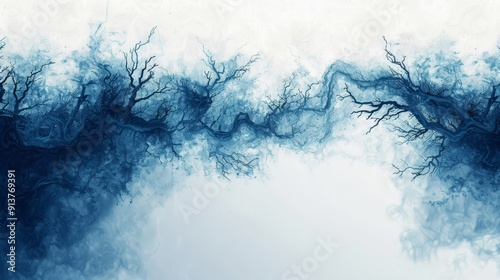  A foggy landscape featuring a cluster of leafless trees against a backdrop of blue and white sky