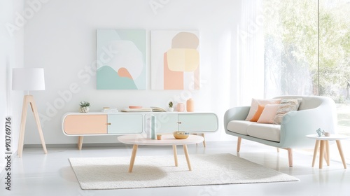 Wallpaper Mural Serene Minimalist Living Room with White Walls, Pastel Furniture, and Clean Lines Torontodigital.ca