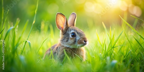 Bunny nestled in lush green grass, rabbit, cute, animal, wildlife, fluffy, fauna, nature, outdoors, spring, field, greenery