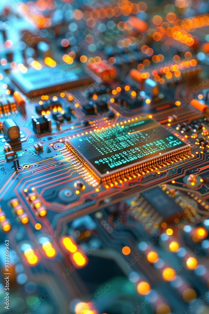 Obraz premium Close-Up View of Digital Signal Processing Chip with Intricate Circuitry and Abstract Digital Patterns