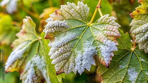 Close-up of white powdery mildew on grape leaves, grapevine, disease, fungus, vineyard, crop, agriculture, plant photo