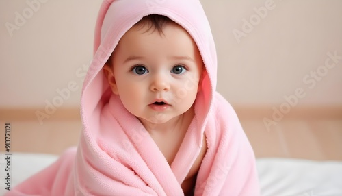 baby girl wrapped in a pink towel after a bath photo