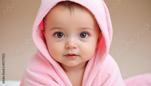 baby girl wrapped in a pink towel after a bath photo