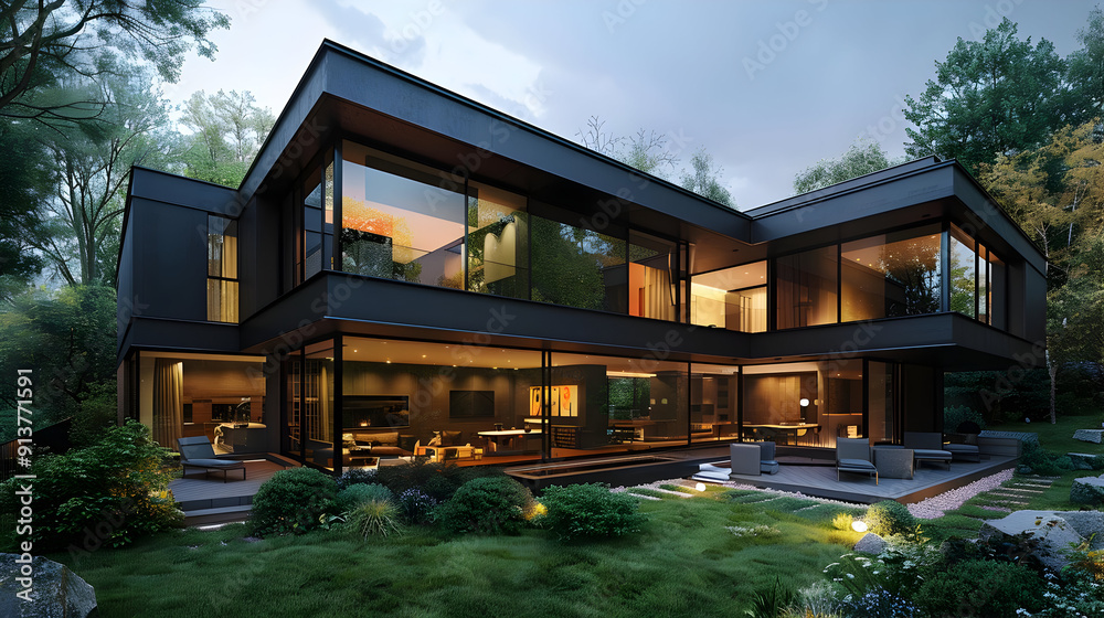 Modern Black House with Large Windows 3D Illustration Modern Black House with Large Windows 3D Illustration