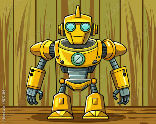 cartoon vector illustration of yellow robot, isolated wooden brown background, funny technology machine character