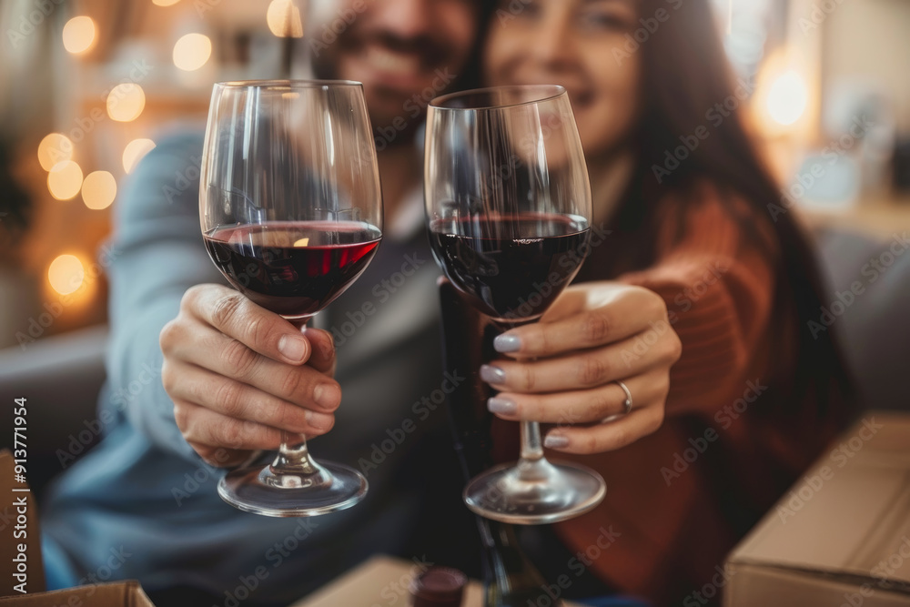 Couple Toasting with Wine Glasses in New Living Room, Surrounded by Moving Boxes and Warm Lighting Couple Toasting with Wine Glasses in New Living Room, Surrounded by Moving Boxes and Warm Lighting