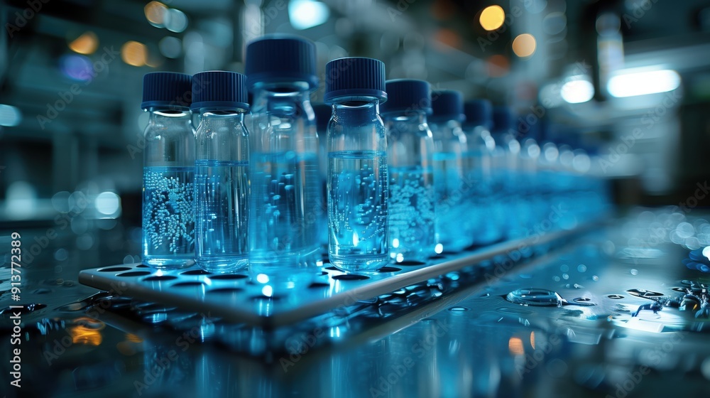 Plastic Bottles with Blue Liquid in Factory. Plastic bottles filled with blue liquid on a conveyor belt in a factory, illustrating the industrial bottling process. Plastic Bottles with Blue Liquid in Factory. Plastic bottles filled with blue liquid on a conveyor belt in a factory, illustrating the industrial bottling process.