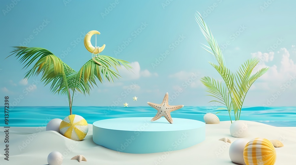 Obraz premium 3D podium stand for product presentation with a summer vacation theme
