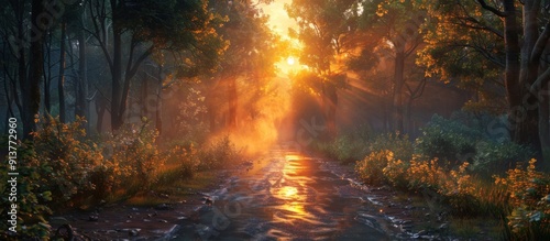 Sunrise Through Forest Path