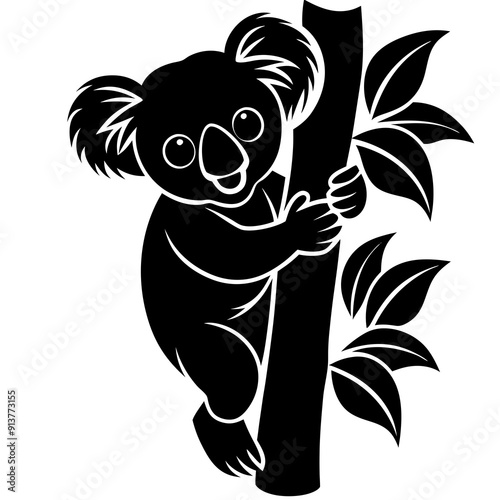 Photography koala silhouette vector, koala clinging to tree silhouette vector illustration