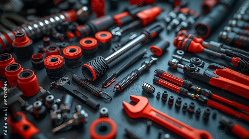 Fototapeta premium Variety of Car Maintenance Tools and Equipment. Detailed display of various car maintenance tools and equipment, including wrenches, sockets, and screwdrivers, organized neatly.