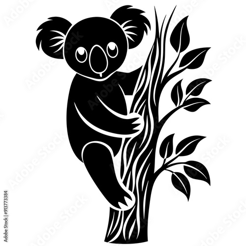 Photography koala silhouette vector, koala clinging to tree silhouette vector illustration
