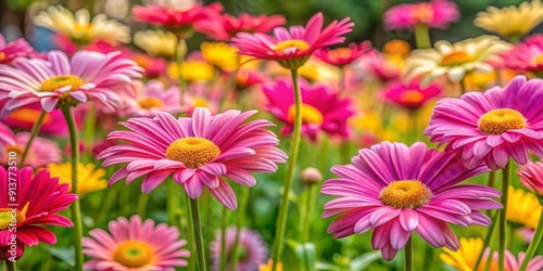 Pink and yellow daisies in vibrant public garden, pink, yellow, daisies, flowers, bloom, colorful, garden, nature, outdoor