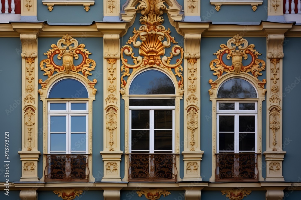 Detailed view of a baroque building's facade featuring richly decorated windows and architectural ornaments Detailed view of a baroque building's facade featuring richly decorated windows and architectural ornaments