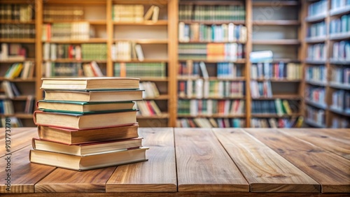 Wooden table with books stacked on top, against a blurry library background , table, wooden, books, library, background