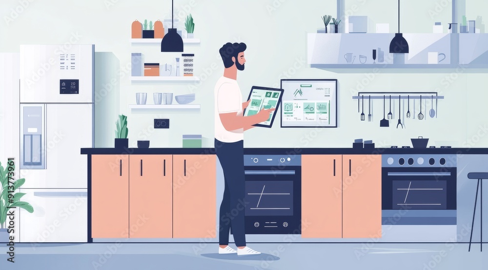 Person using a tablet to control smart home devices in a modern kitchen ...