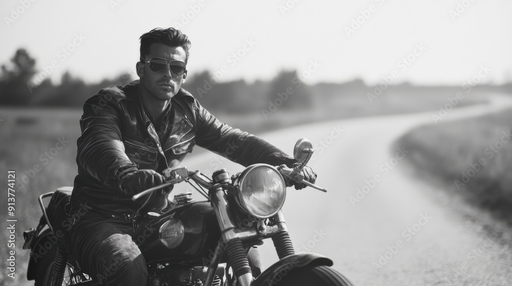 Naklejka premium Retro Biker Dude: Man in 1950s Motorcycle Gear Posing on Vintage Bike with Blurred Road Background
