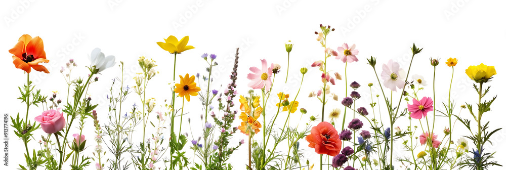 Wildflowers Bloom Brightly Against a Transparent Background, Creating a Stunning Display of Nature's Beauty