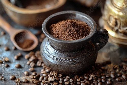 Wallpaper Mural Ground coffee in traditional coffee maker placed on table with scattered roasted grains with generative ai Torontodigital.ca