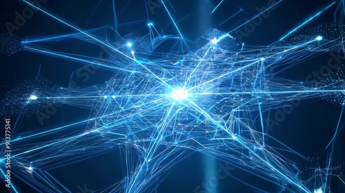 A dynamic network of interconnected blue lines and nodes forming a glowing central hub, representing digital connectivity, data transmission, and advanced technology 4k video