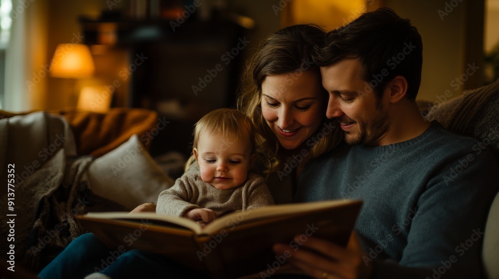 Parents read a storybook to their child in a cozy living room, surrounded by soft lighting and a warm atmosphere, creating a cherished family moment Parents read a storybook to their child in a cozy living room, surrounded by soft lighting and a warm atmosphere, creating a cherished family moment