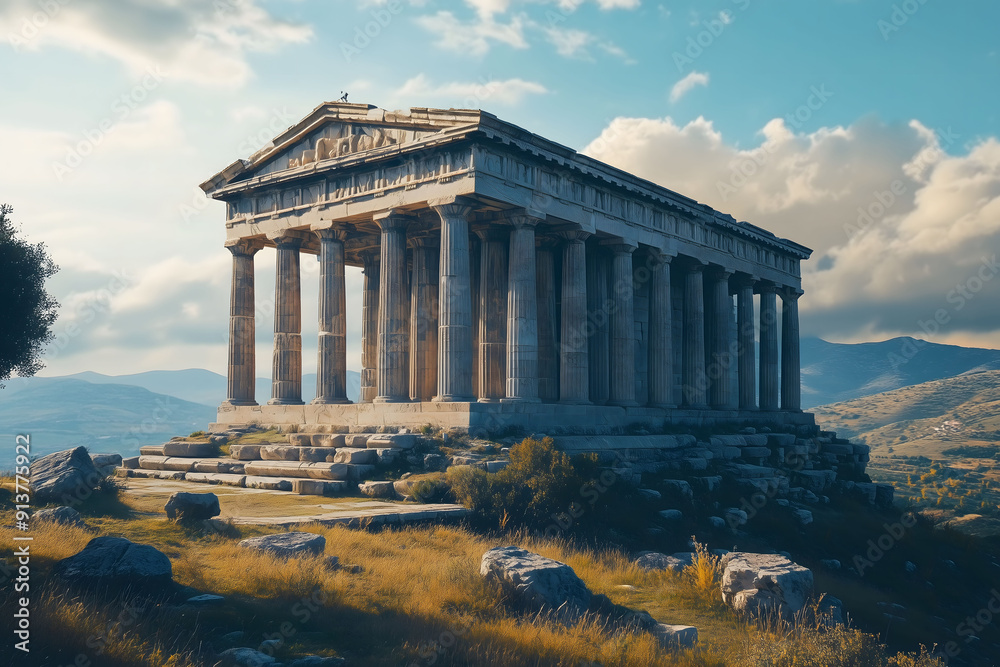 Fototapeta premium A majestic and ancient greek temple standing tall on a rugged hill top