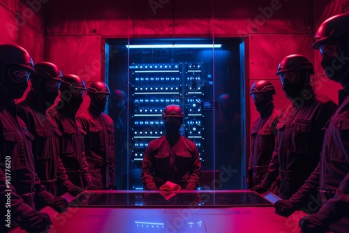 Dramatic Heist Scene with Masked Robbers Planning Inside High Tech Vault - Stock Photo for Crime Concept Designs