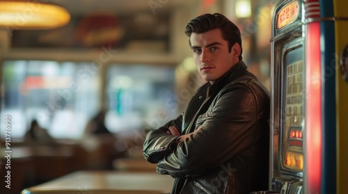 Retro Greaser Man Leaning on Jukebox in 1950s Diner Setting