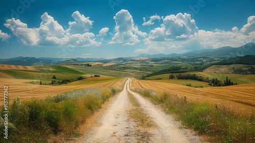  A dirt path weaves through a expansive wheat field Rolling hills distance themselves, cloud-studded sky overhead