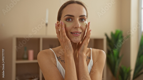 A beautiful young blonde woman applies under-eye patches while smiling indoors at a spa or beauty center.