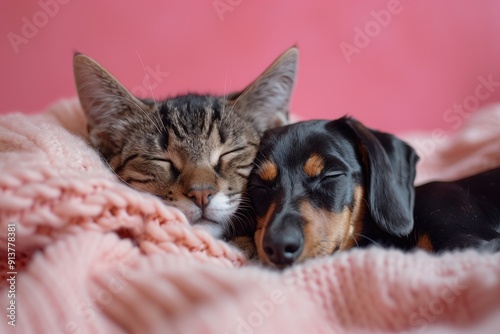 Cute Kitten and Puppy Snuggling Together on a Soft Blanket with Pink Background