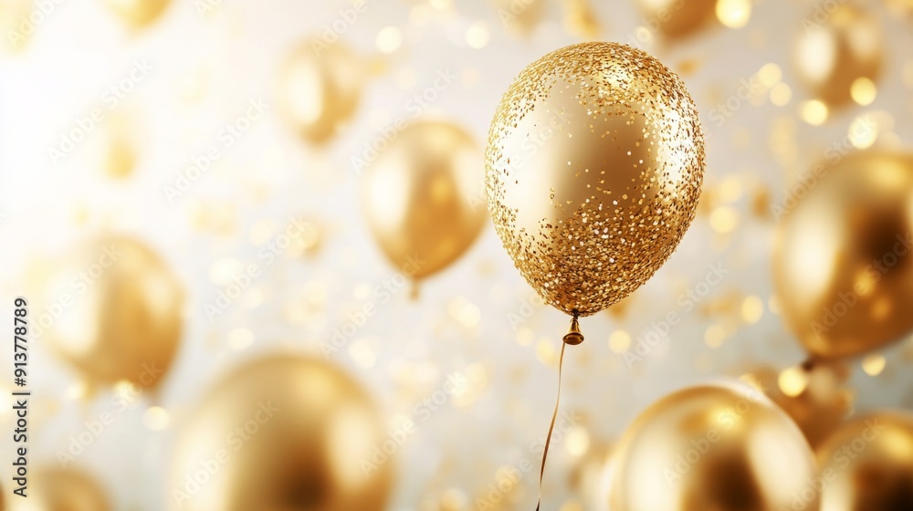 A vibrant celebration features gold balloons gracefully floating against a bright backdrop, creating an atmosphere of joy and festivity A vibrant celebration features gold balloons gracefully floating against a bright backdrop, creating an atmosphere of joy and festivity