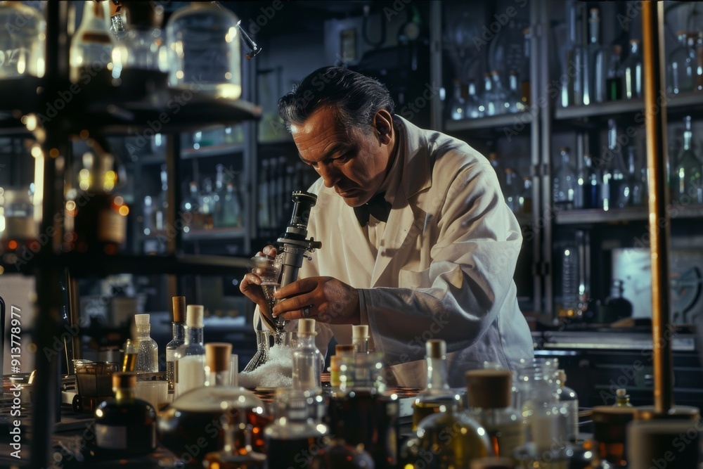 An individual wearing a lab coat performing tasks in a lab setting, A chemist analyzing chemical compounds in a lab, AI generated An individual wearing a lab coat performing tasks in a lab setting, A chemist analyzing chemical compounds in a lab, AI generated
