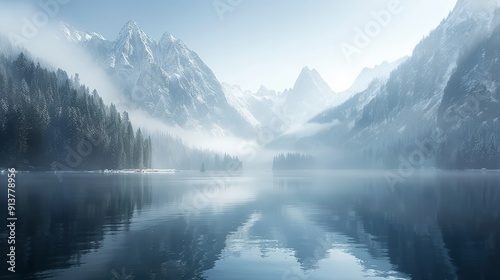  A body of water encircled by snow-capped mountains and pine trees in the foreground, accompanied by a foggy backdrop