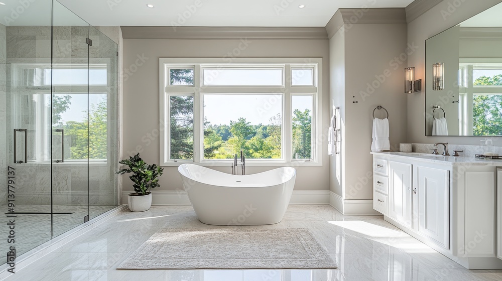 This luxurious bathroom showcases a freestanding bathtub, walk-in shower, and elegant fixtures, all illuminated by natural light streaming through large windows This luxurious bathroom showcases a freestanding bathtub, walk-in shower, and elegant fixtures, all illuminated by natural light streaming through large windows