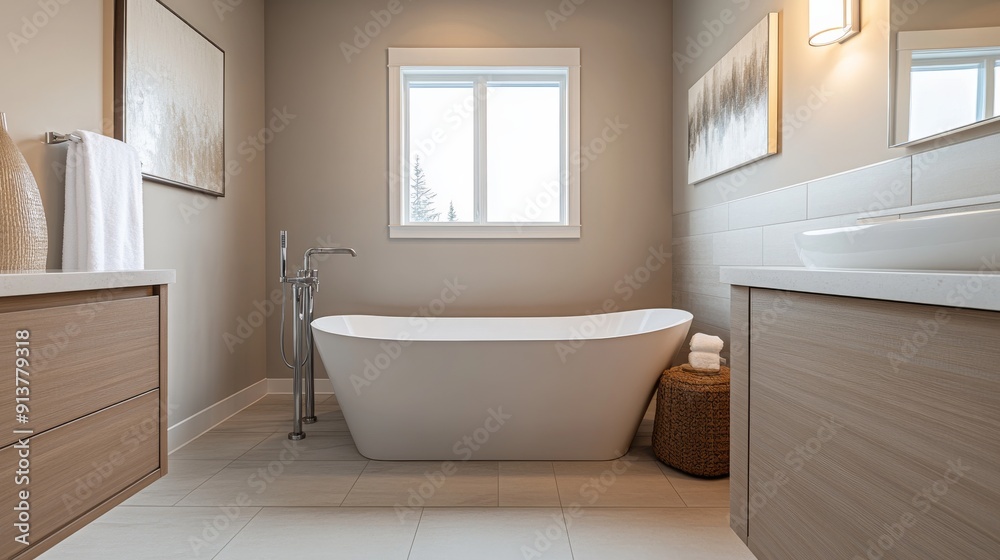 A spacious modern bathroom showcases clean lines, a freestanding bathtub, and sleek fixtures, enhancing the minimalistic design A spacious modern bathroom showcases clean lines, a freestanding bathtub, and sleek fixtures, enhancing the minimalistic design